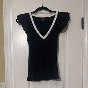 Vici Black V-Neck Tank Top with White Trim and Ruffle Sleeves